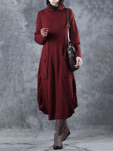 Load image into Gallery viewer, Vintage Loose Pocket High Neck Women'S Dress