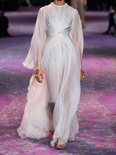 Load image into Gallery viewer, Solid Color Waist Round Neck Long Sleeve Dress