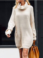 Load image into Gallery viewer, Solid Color High Neck Long Sleeve Knitted Sweater Dress