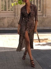 Load image into Gallery viewer, Leopard Print Long Sleeve Split Shirt Collar Casual Dress
