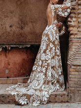 Load image into Gallery viewer, Deep V Mesh Embroidered Puff Sleeve Halter Wedding Dress