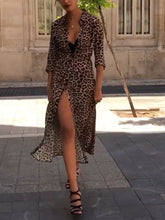 Load image into Gallery viewer, Leopard Print Long Sleeve Split Shirt Collar Casual Dress