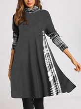 Load image into Gallery viewer, Solid Color Plaid Stitching Wide Hem Dress