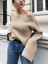 Load image into Gallery viewer, Casual Loose Flat Neck Knit Sweater with Slit Hem