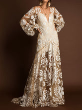 Load image into Gallery viewer, Deep V Mesh Embroidered Puff Sleeve Halter Wedding Dress