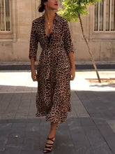 Load image into Gallery viewer, Leopard Print Long Sleeve Split Shirt Collar Casual Dress