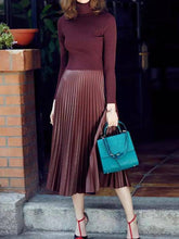 Load image into Gallery viewer, High Neck Knitted Solid Color Pleated Dress