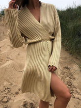 Load image into Gallery viewer, Solid Color V-neck Long-sleeved Knitted Sweater Dress