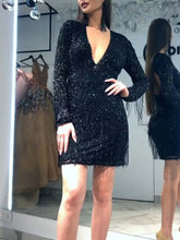 Load image into Gallery viewer, Long Sleeve V-neck Fringe Stitching Party Dress