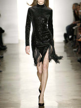 Load image into Gallery viewer, Long Sleeve High Neck Sequined Fringed Midi Dress