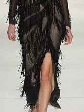 Load image into Gallery viewer, Fringed Lace Stitching Long Sleeve Evening Dress