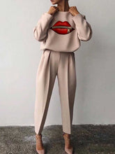 Load image into Gallery viewer, Fashion Round Neck Lip Print Casual Ladies Long Sleeve Two-piece Suit