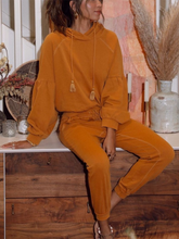 Load image into Gallery viewer, Solid Color Casual Lantern Sleeve Hooded Two-piece Suit