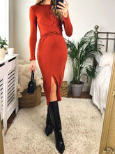 Load image into Gallery viewer, Knitted Long Sleeve Wrap Midi Dress