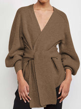 Load image into Gallery viewer, Fashion V-neck Loose Long-sleeved Solid Color Tie Sweater