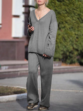 Load image into Gallery viewer, Casual Simple Loose Long Sleeve V Neck Top Pants Knitted Suit