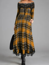 Load image into Gallery viewer, Embroidered Lace Plaid Long-sleeved One-neck Dress