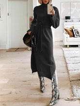 Load image into Gallery viewer, Solid Color Turtle Neck Long Sleeve Split Knit Sweater Dress