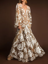 Load image into Gallery viewer, Deep V Mesh Embroidered Puff Sleeve Halter Wedding Dress