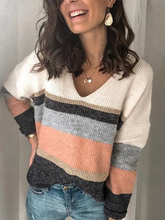 Load image into Gallery viewer, Women's Daily V-Neck Striped Long Sleeve Knit Sweater