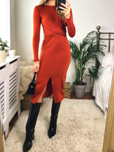 Load image into Gallery viewer, Knitted Long Sleeve Wrap Midi Dress