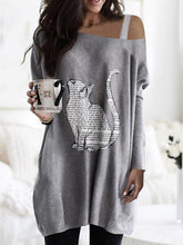 Load image into Gallery viewer, Oblique Collar Strapless Cat Letter Print Casual T-Shirt