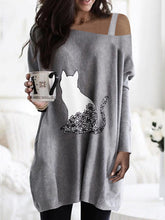 Load image into Gallery viewer, Oblique Collar Strapless Cat Print Casual T-Shirt
