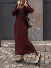 Load image into Gallery viewer, Pure Color V-neck Long-sleeved Casual Knitted Sweater Dress