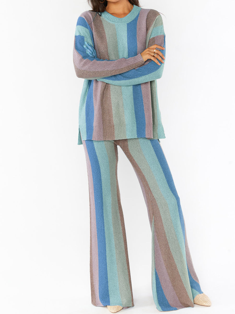 Round Neck Stripe Print Long Sleeve Suit