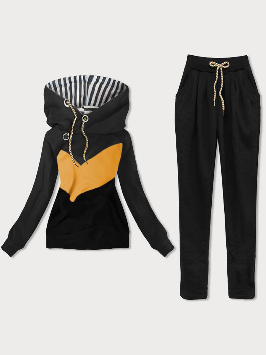 Casual Loose Long Sleeved Hooded Color Block Sweater Pants Suit