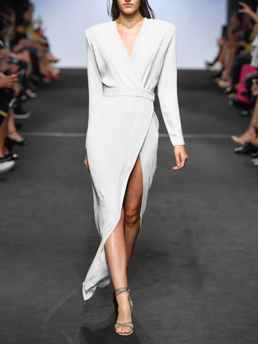 Solid Color Long Sleeve Slit Evening Dress