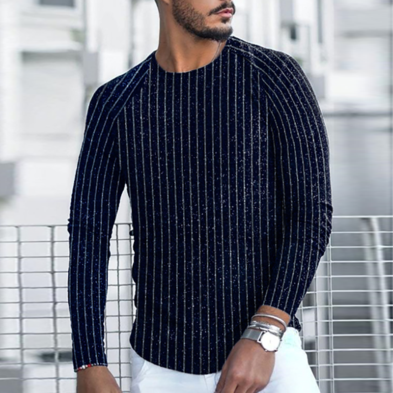 Men'S Fashion Casual Round Neck Striped Long Sleeve T-Shirt