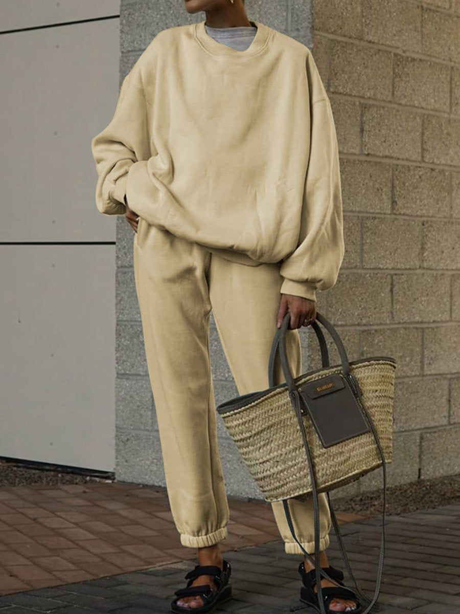 Fashion Casual Long-sleeved Solid Color Round Neck Two-piece Suit