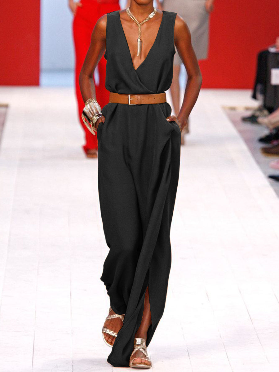 Fashion Casual Loose Solid Color Sleeveless Jumpsuit