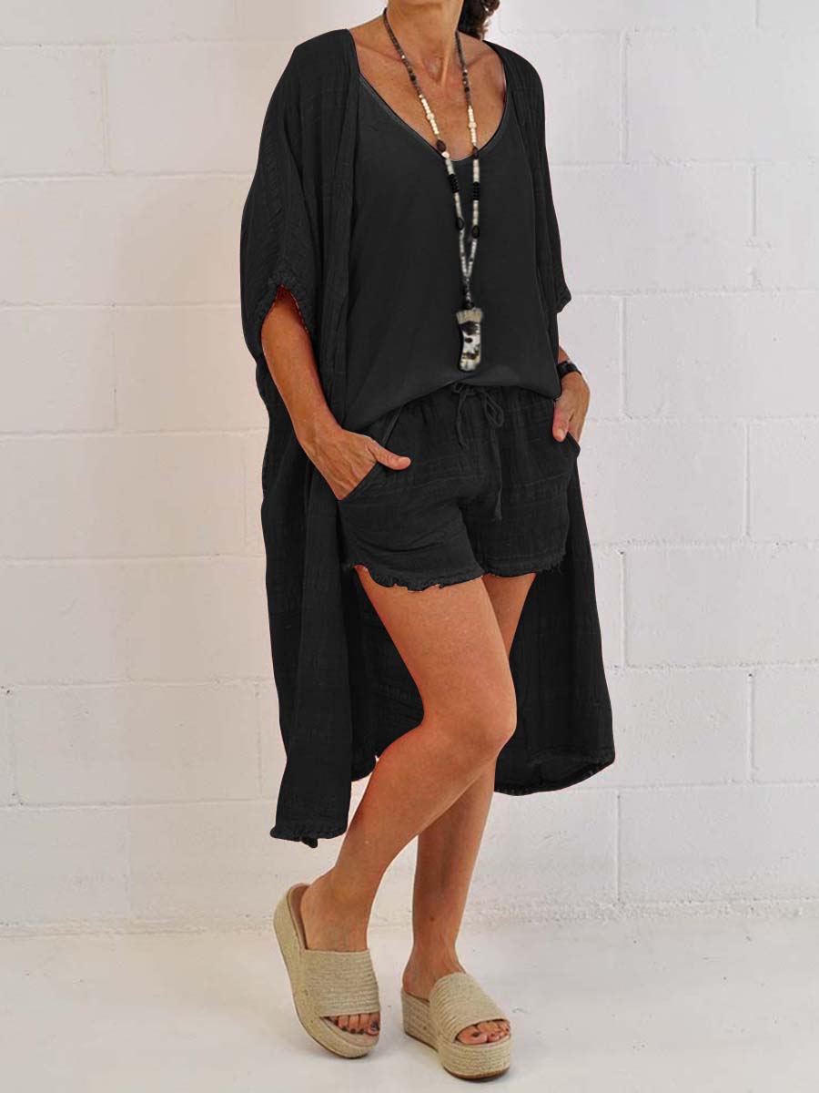 Autumn Loose Mid-length Sleeves Tie Shorts Three-piece Suit