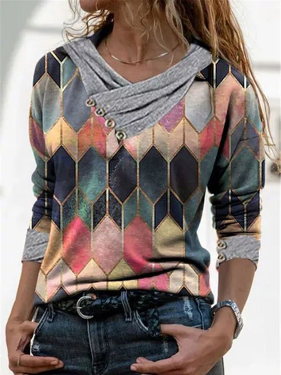 Color Block Casual V-Neckline Long Sleeve Blouses