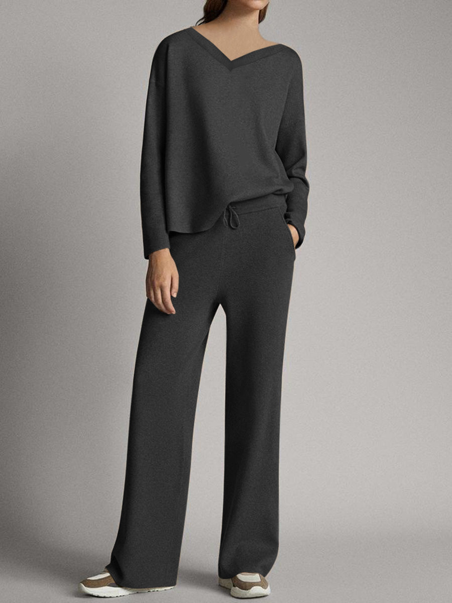 Solid Color V-neck Long Sleeve Casual Knit Two-Piece Suit
