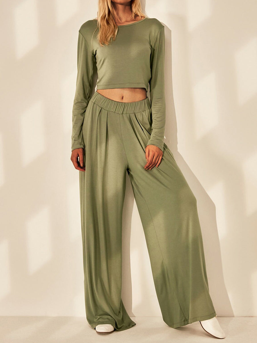 Women's Round Neck Loose Wide Leg Pants Two-piece Suit