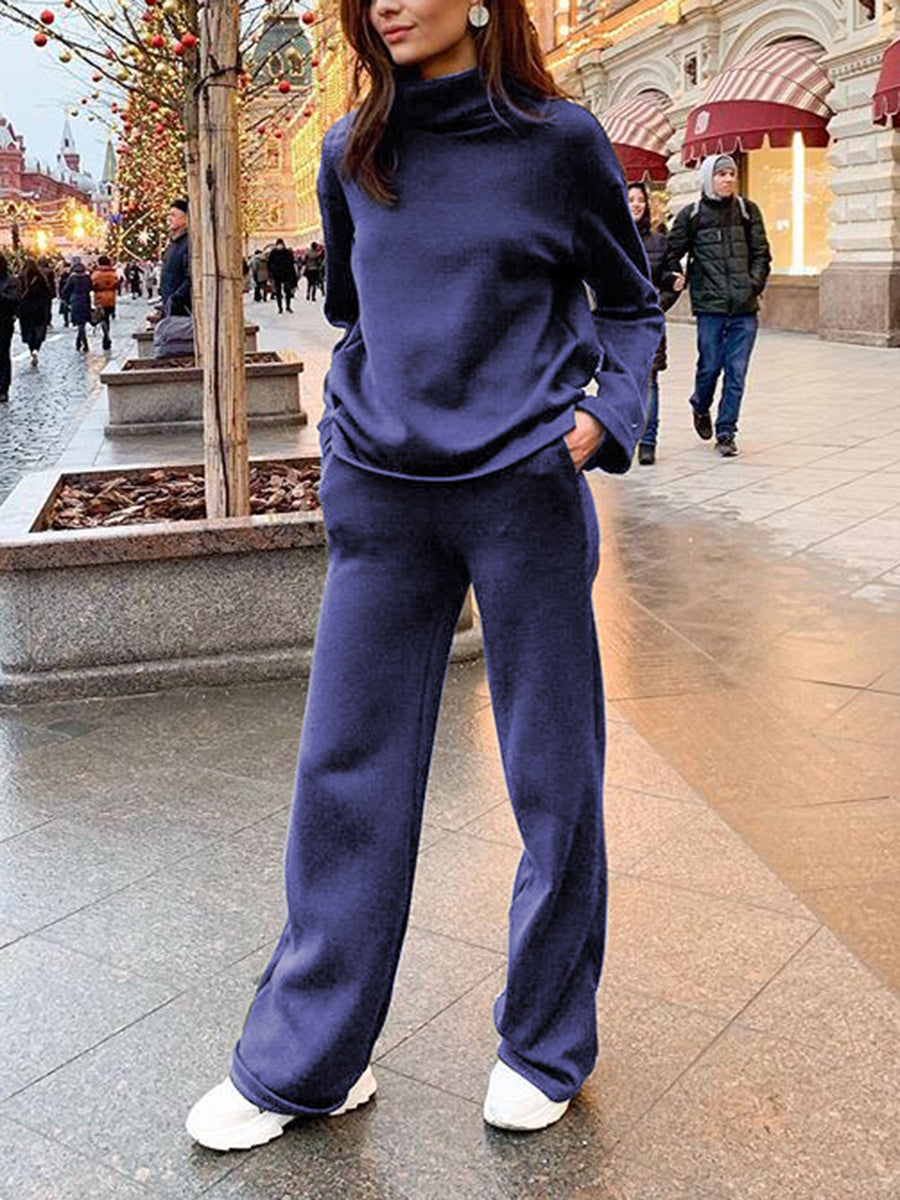 Pure Color High Collar Casual Two-piece Suit