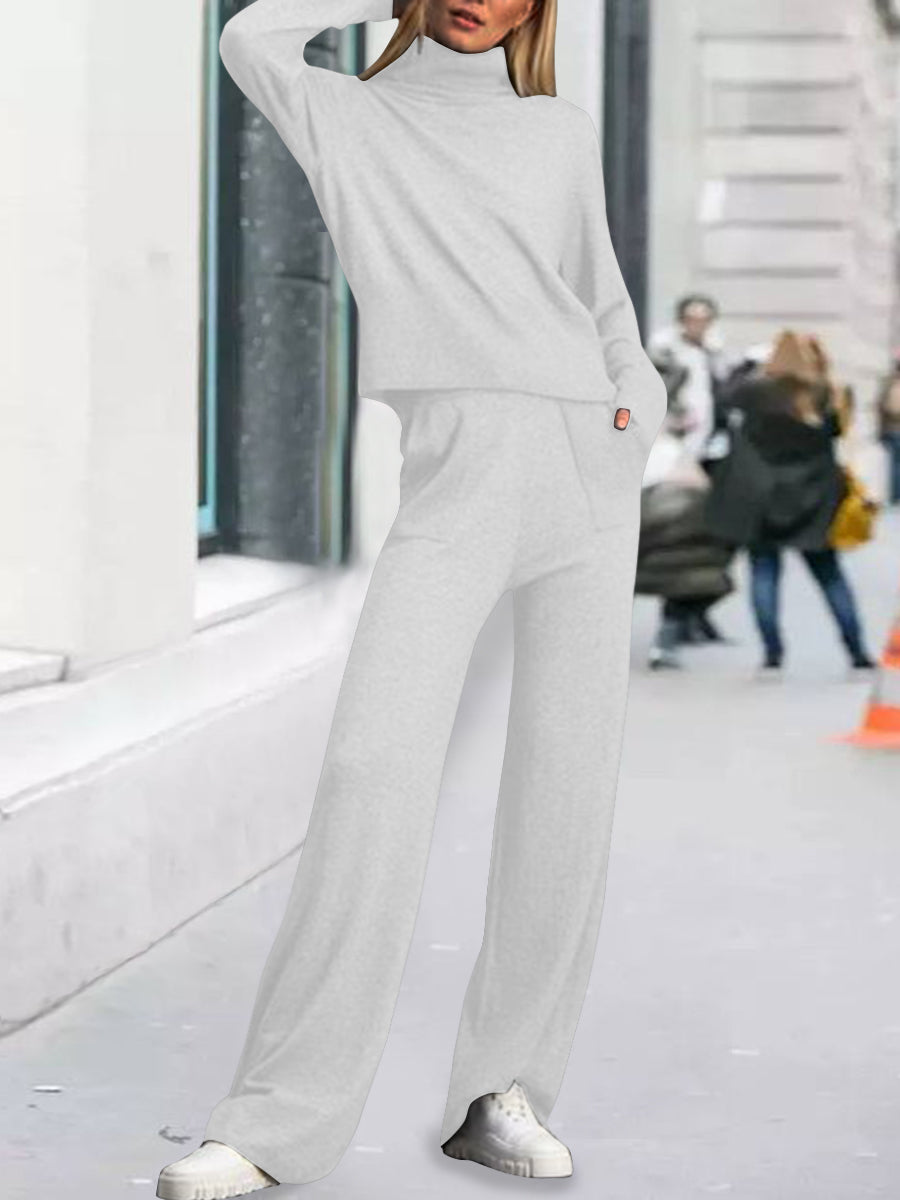 Women's High Neck Knitted Solid Color Two-piece Suit