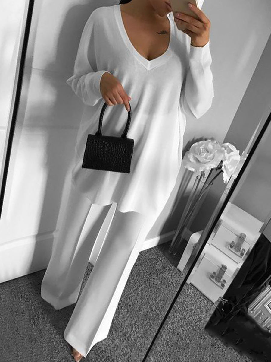 Fashion V-neck Long Sleeve Solid Color Two-piece Suit