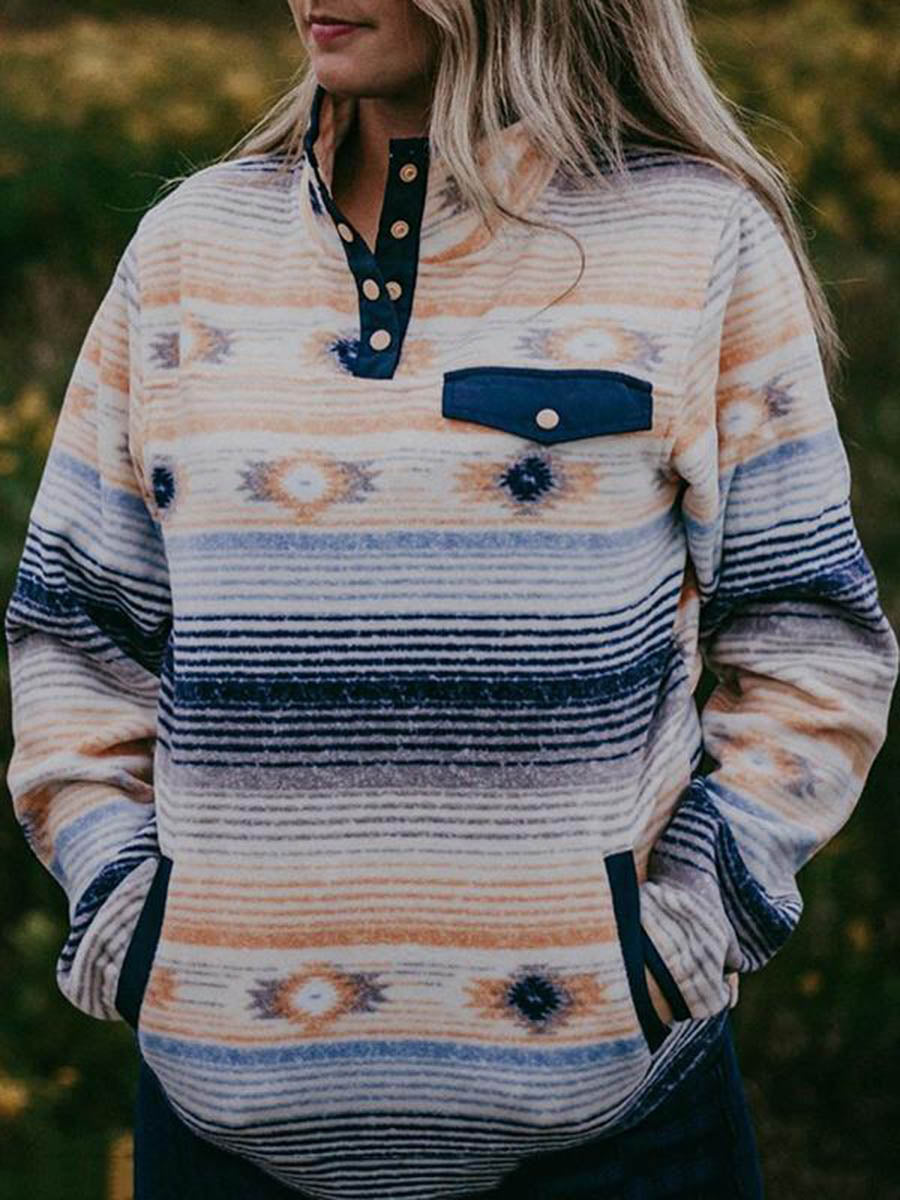 Vintage Button Western Style Print Sweatshirt
