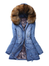 Load image into Gallery viewer, Fashionable Denim Women&#39;s Jacket with Furry Hood
