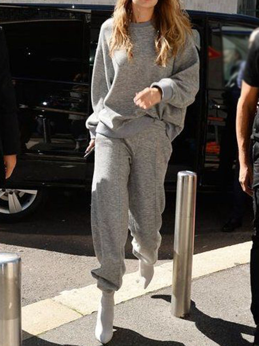 Fashion Sports Style Casual Solid Color Round Neck Long Sleeve Two-piece Suit