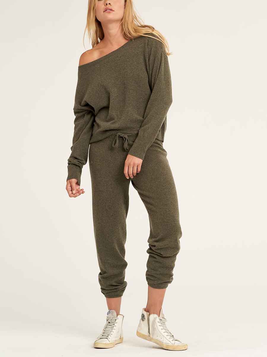 Solid Color One-word Shoulder Tops Drawstring Trousers Knit Suit