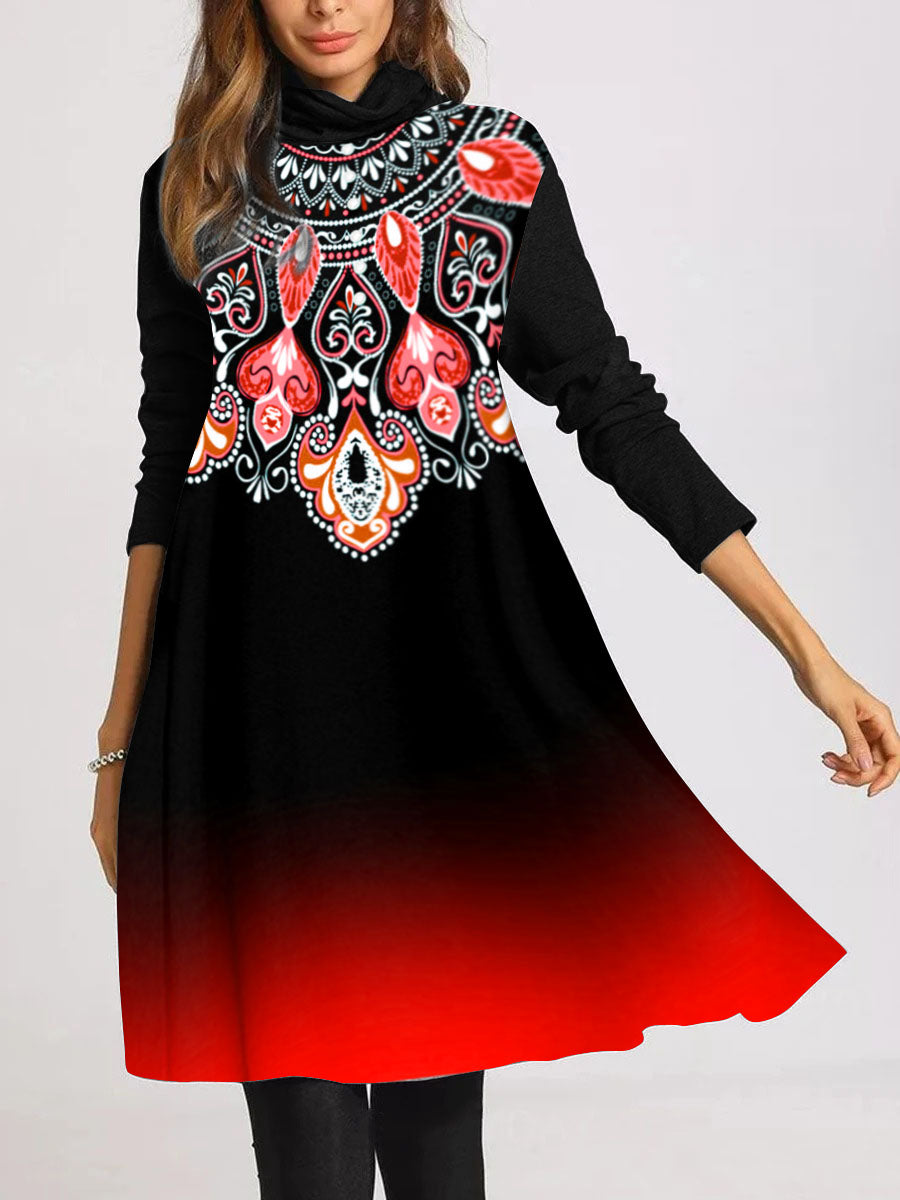 Elegant Retro High Neck Long Sleeve Dress