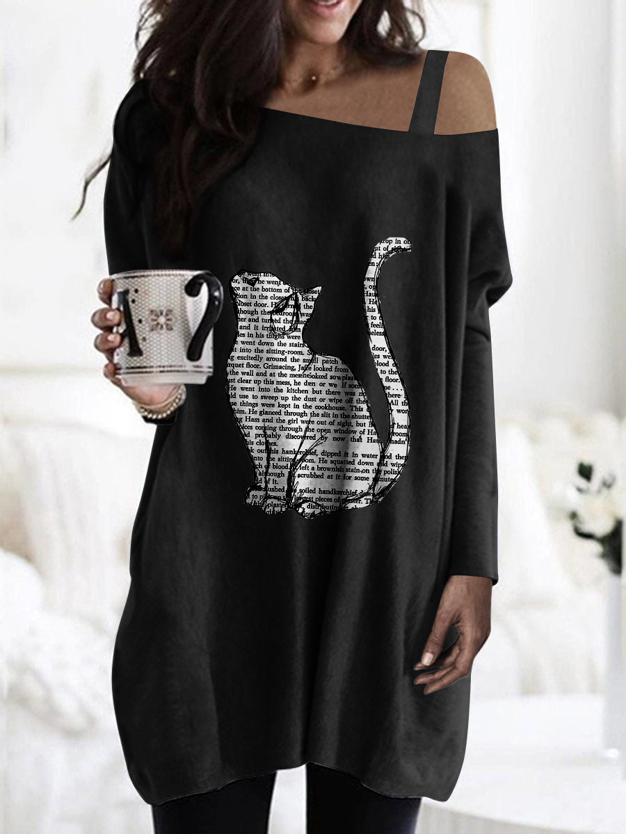 Oblique Collar Strapless Cat Letter Print Casual T-Shirt