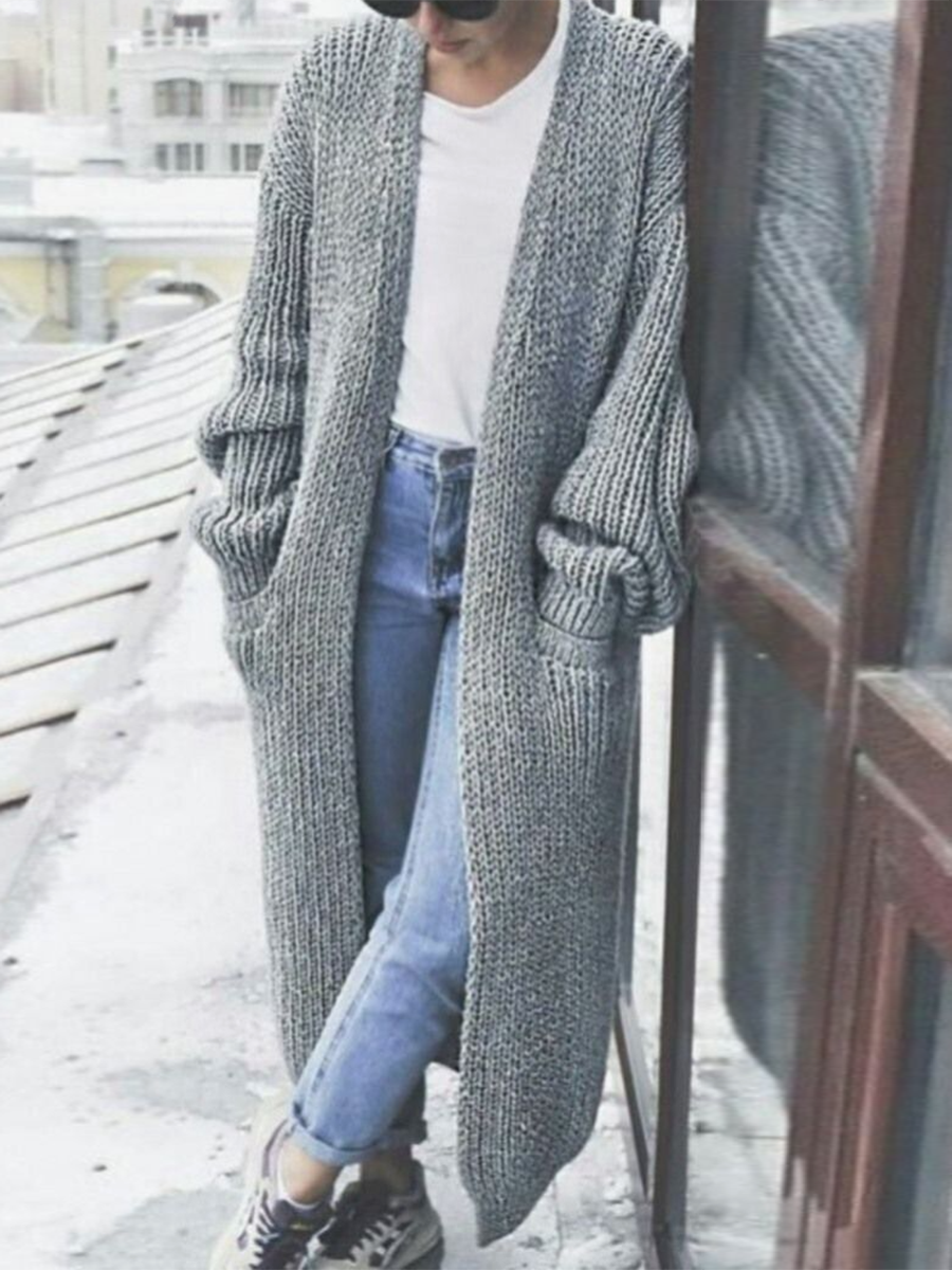 Simple Long Lantern Sleeve Knit Cardigan Coat