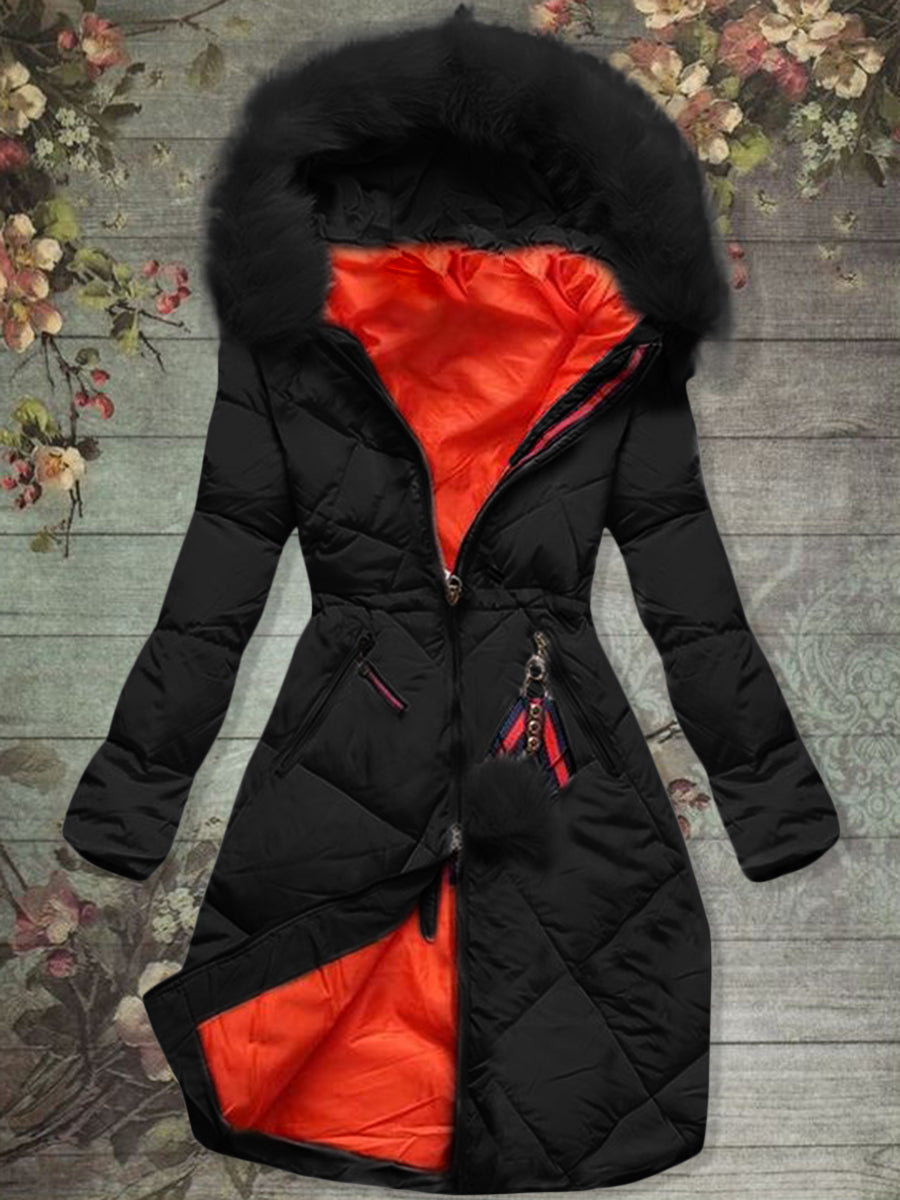 Windproof Hooded Zipper Women's Jacket with Furry Hood