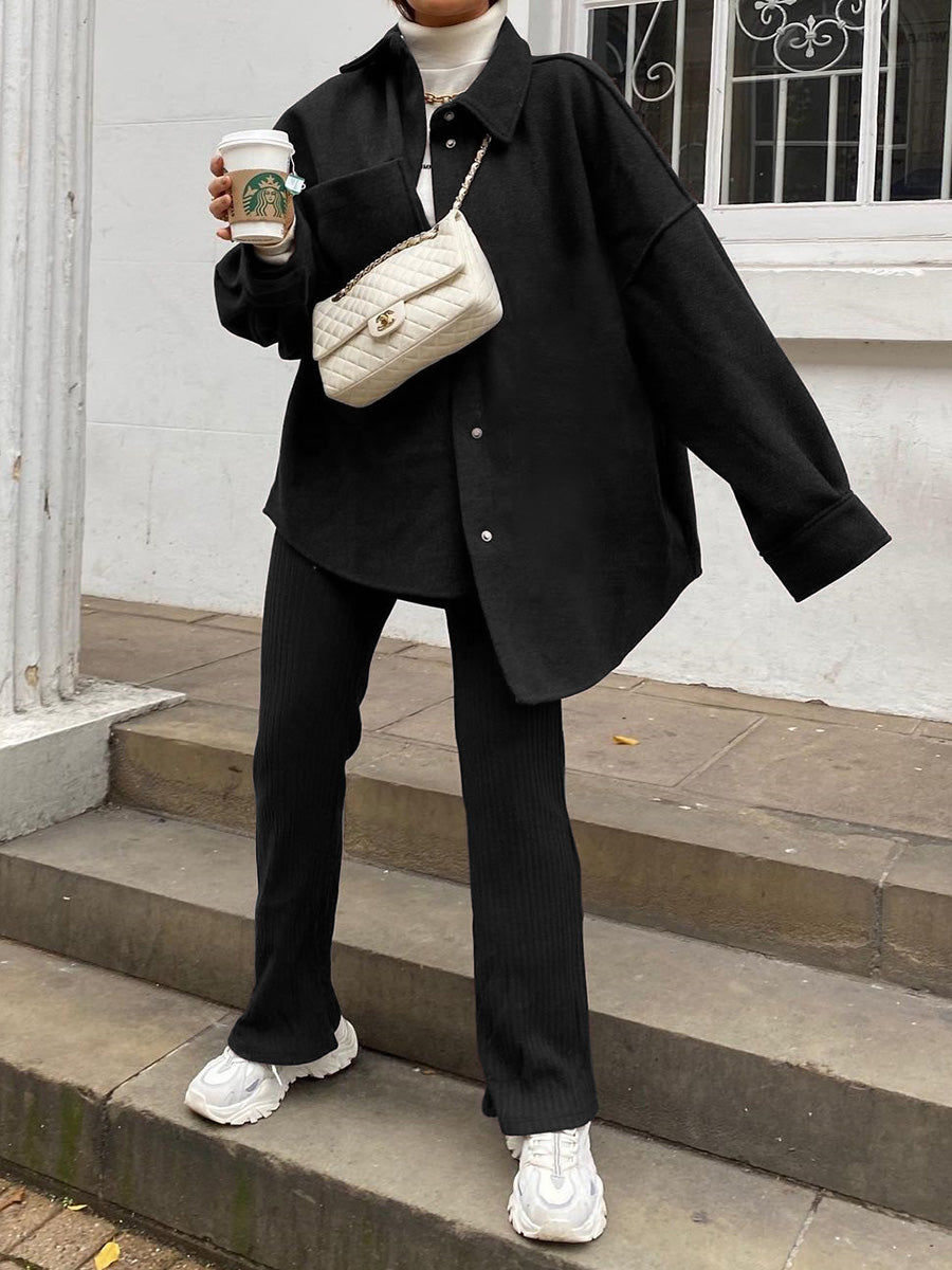 Fashion Casual Solid Color Cardigan Two-piece Suit